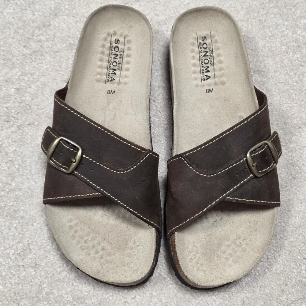 Sonoma Olga Leather Sandals‎ Womens 8 Brown Buckle Berks Single Stap NWOB